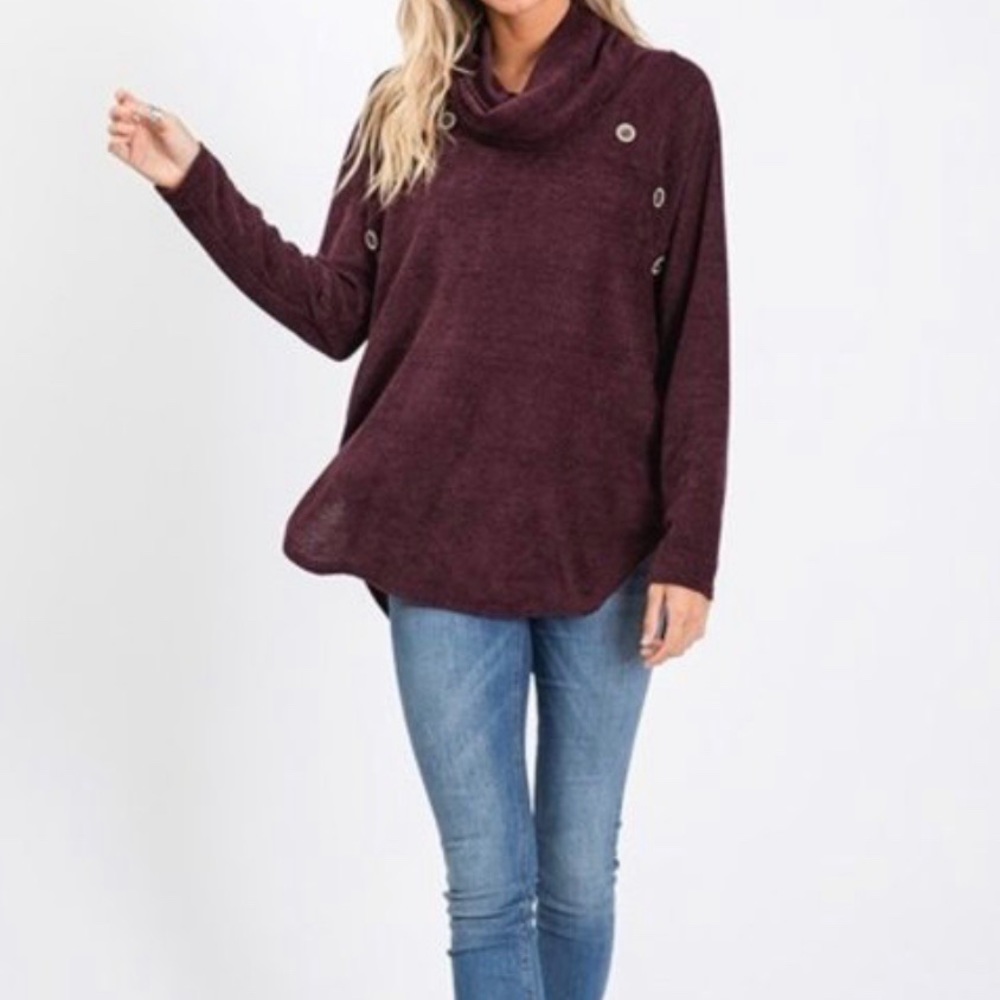 Callie- burgundy cowl sweater top with buttons - Picture 6 of 8